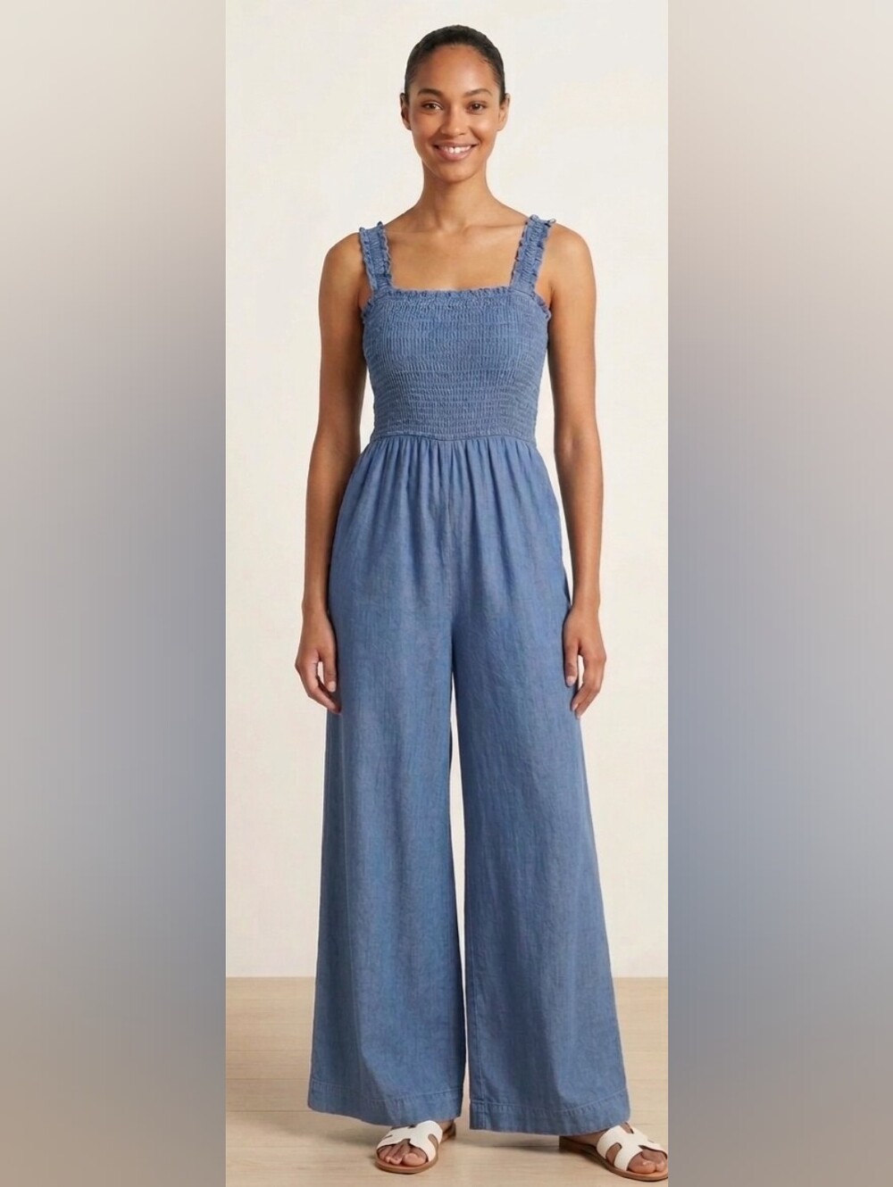 Draper James Chambray Smocked Bodice Jumpsuit Faded Hem Wide Leg , Sz XL